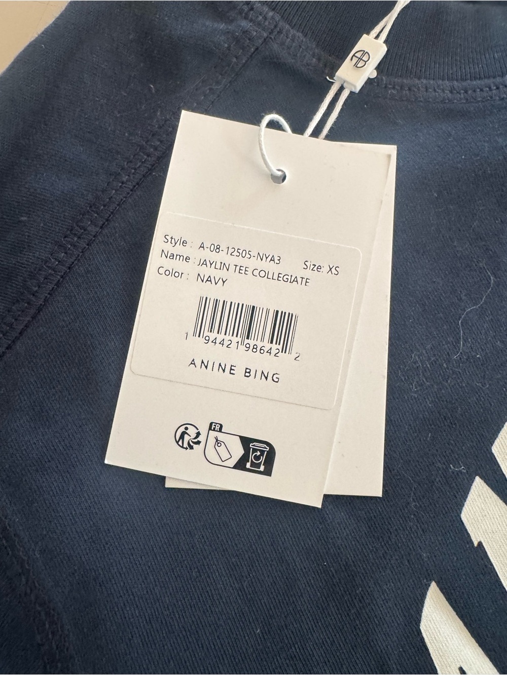 NWT Anine Bing navy JAYLIN TEE COLLEGIATE xs - Picture 3 of 4
